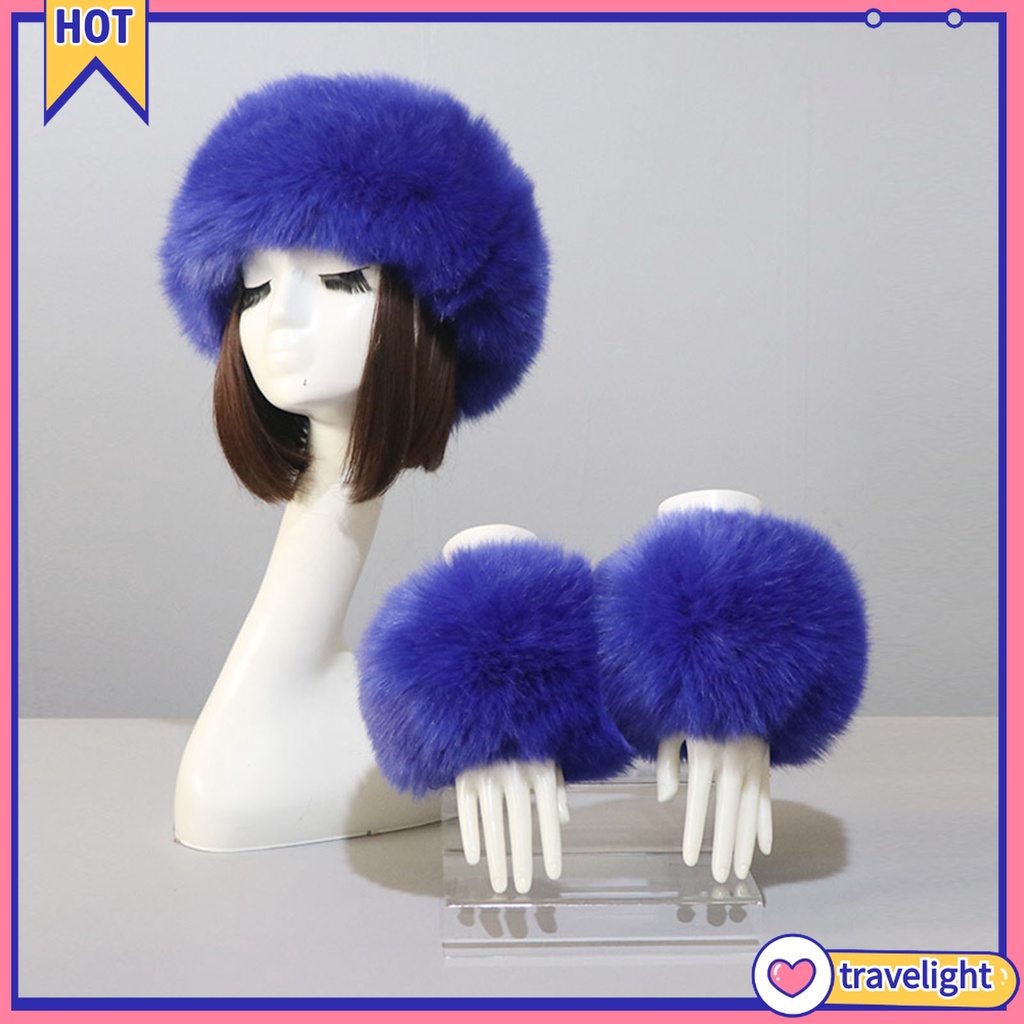 1 Set Băng Đô + Găng Tay + Găng Tay Hở Ngón Bằng Lông Giả Màu Trơn Phối Lông Thú Dành Cho Nữ Trượt Tuyết