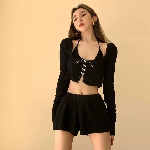Bộ Áo Khoác Cardigan Dài Tay + Quần Short Lưng Cao Ống Rộng Thời Trang Thu Đông Hàn Quốc Mới