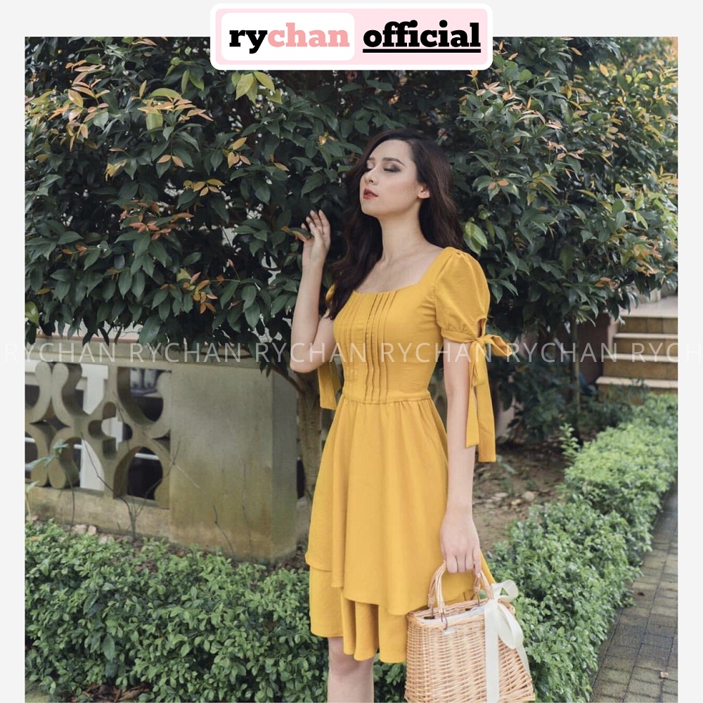 Đầm Xòe Vàng Cổ Vuông Tay Nơ - DX9685