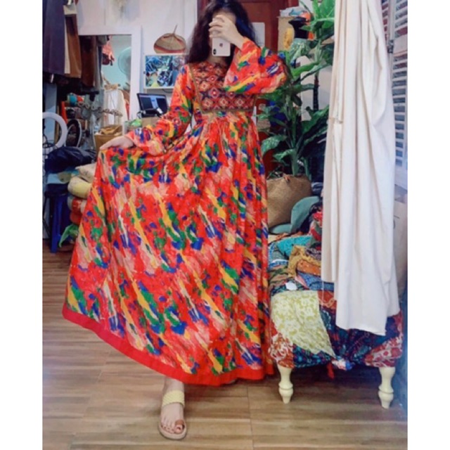 ĐẦM MAXI THỔ CẨM BOHO PHỐI POMPOM
