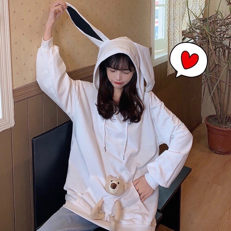 Áo Hoodie tai thỏ mẫu mới tặng kèm con gấu túi trước