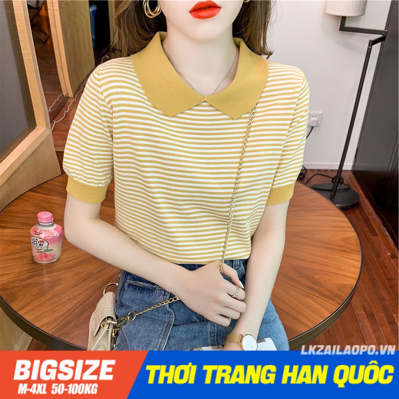 Áo thun sở sọc lụa lạnh Bigsize Áo kiểu nữ form rộng tay ngắn cổ bẻ mùa hè Phong cách Hàn Quốc Thời Trang cá tính xinh đẹp bigsizegiaree
