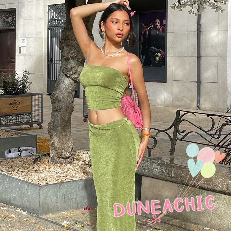Set Áo Croptop 2 Dây + Chân Váy Dài Màu Trơn Thời Trang Cho Nữ