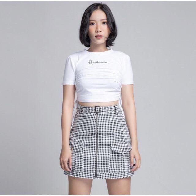 Áo thun croptop rút dây cá tính JOY BABE ❄ thêu chữ tạo điểm nhấn⚡ co giãn ôm body trắng đen trơn basic sexy CRON 31 -5D