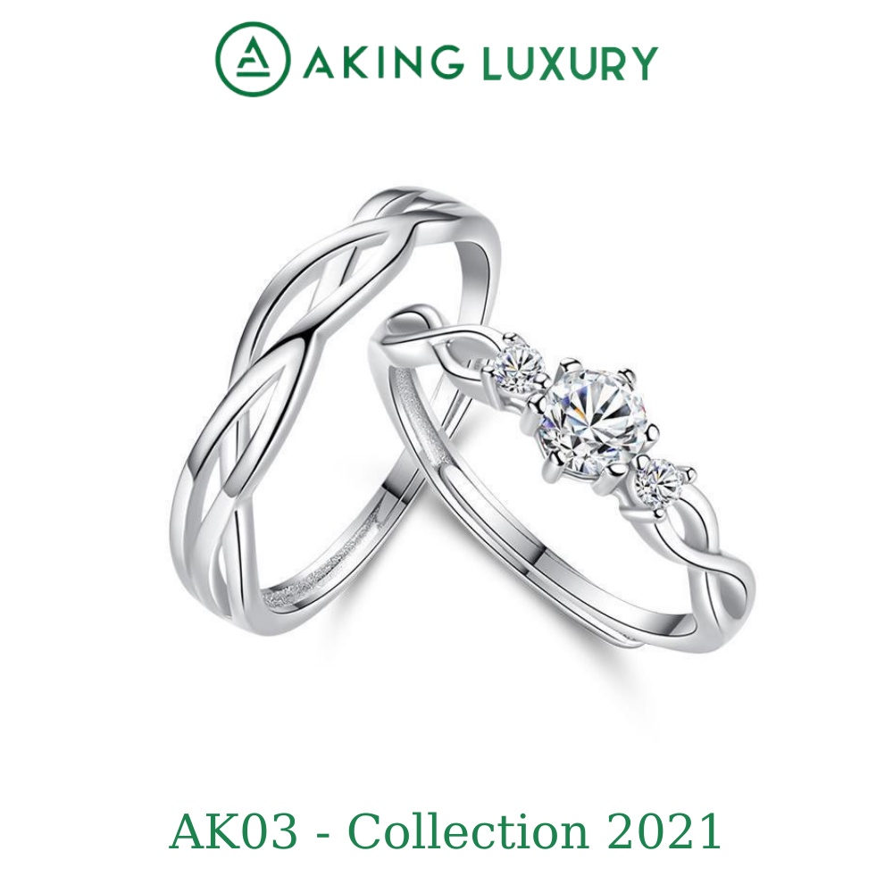 Nhẫn đôi AKING LUXURY AK03 cao cấp, nhẫn bạc nam trơn uốn lượn, nhẫn bạc nữ điểm xuyến đá tinh tế, mới nhất 2021