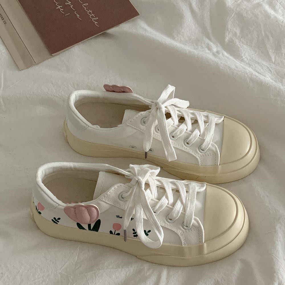 Giày Thể Thao Nữ Vải canvas In Hình Hoa Tulip Xinh Xắn