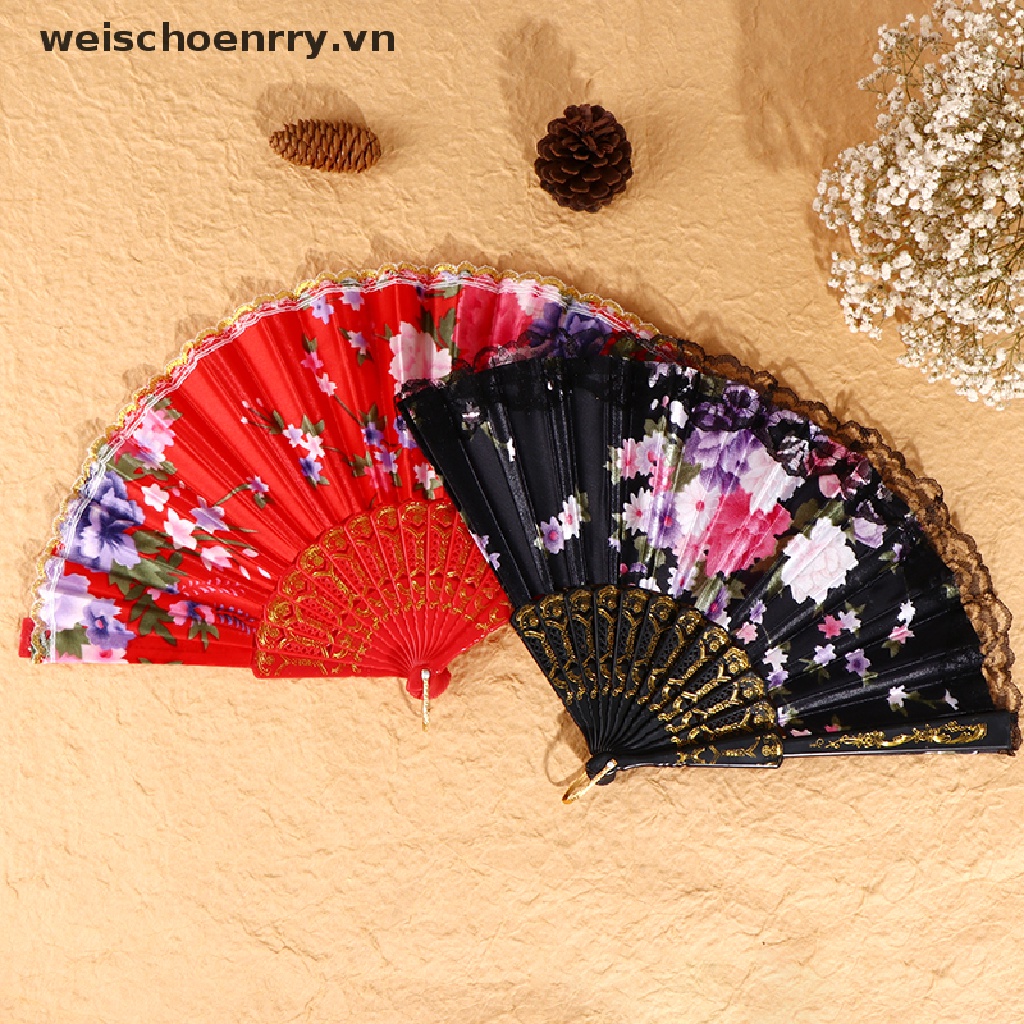 Quạt Xếp Cầm Tay Bằng Lụa Phối Ren Phong Cách Trung Hoa