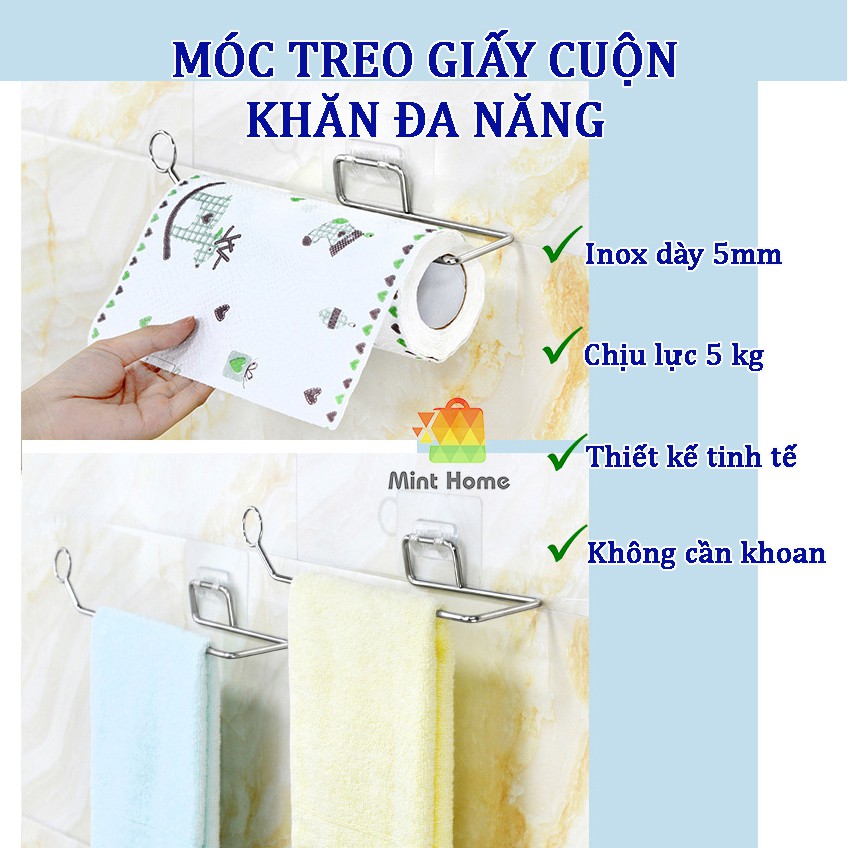 Móc để treo giấy vệ sinh, giấy cuộn lau bếp, khăn, kệ đồ inox 304 dán tường nhà tắm, nhà bếp đa năng