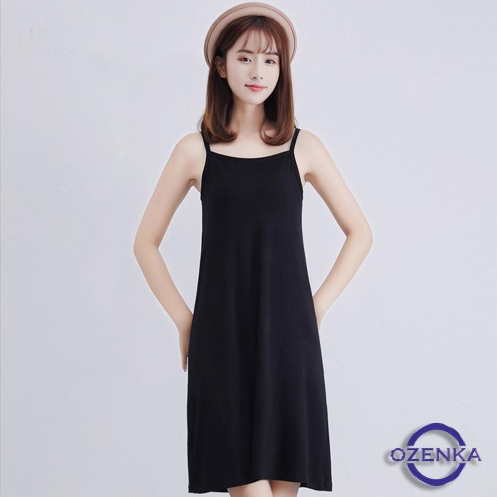 Váy 2 dây suông dáng dài màu đen ngang gối ozenka , đầm maxi đi biển chất đũi lụa mịn nhẹ mát  size s m l VD 451  ྇