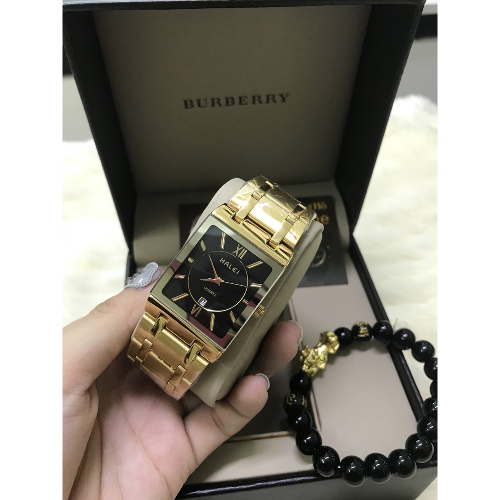 [FLASH SALE]Đồng hồ nam HALEI vuông dây thép- TẶNG 1 vòng tỳ hưu - dây vàng mặt đen