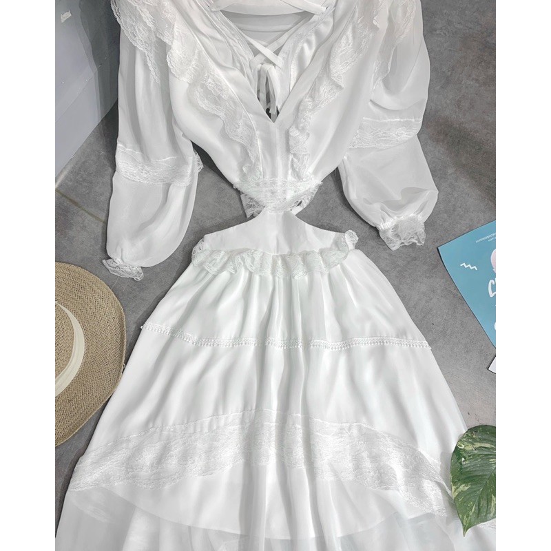 Đầm maxi trắng phối ren bông đan lưng chéo xoè bồng, Váy midi tầng sống ảo du lịch tiệc kỉ yếu thời trang nữ (hình thật) | BigBuy360 - bigbuy360.vn