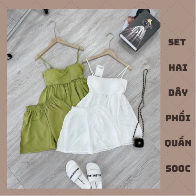 Bộ 2 Dây Dáng Babydoll Có Đệm Ngực Phối Quần Sooc