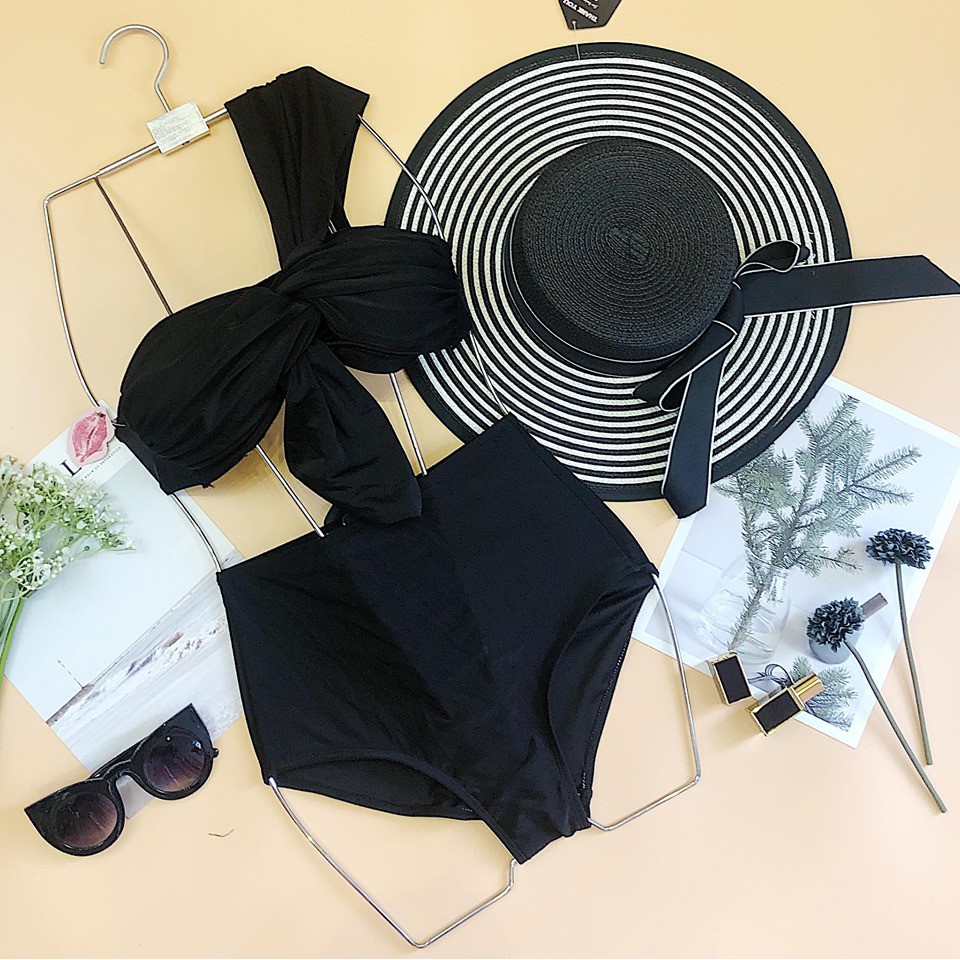 Bộ bơi bikini 2 mảnh lệch vai thắt nơ cạp cao giấu bụng tôn dáng | BigBuy360 - bigbuy360.vn
