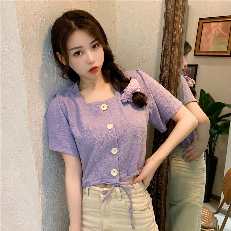 SUXI Áo Kiểu Tay Ngắn Phối Dây Rút Thiết Kế Thanh Lịch Tao Nhã Cho Phái Nữ