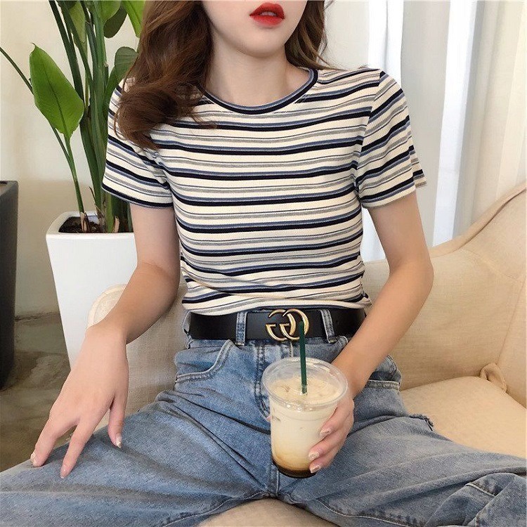 Áo Thun Nữ MIESU Ngắn Tay Croptop Kẻ Sọc Chất Len Dệt Kim Cao Cấp Hàng Quảng Châu