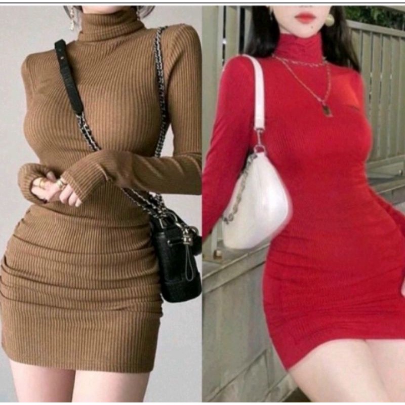 Đầm ôm body tay dài cổ lọ chất thun gân