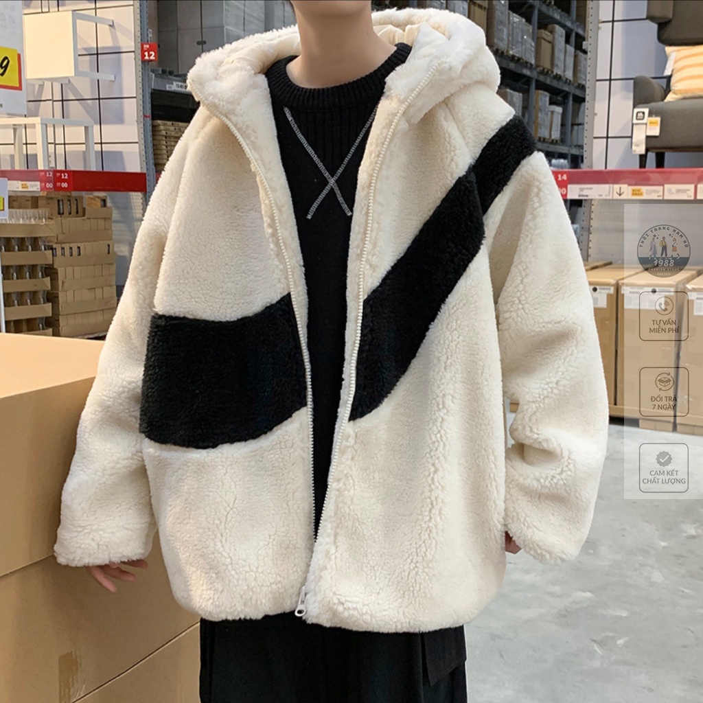 Áo Khoác Lông Cừu Phối Màu Đen Trắng, Áo Hoodie Lông Cừu Unisex Dáng Rộng