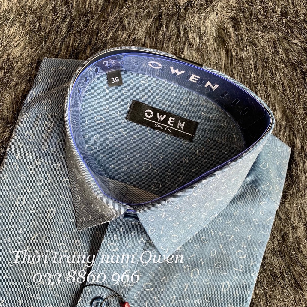 OWEN - Áo sơ mi dài tay Owen SLimfit chất sợi tre màu xanh in họa tiết 23404