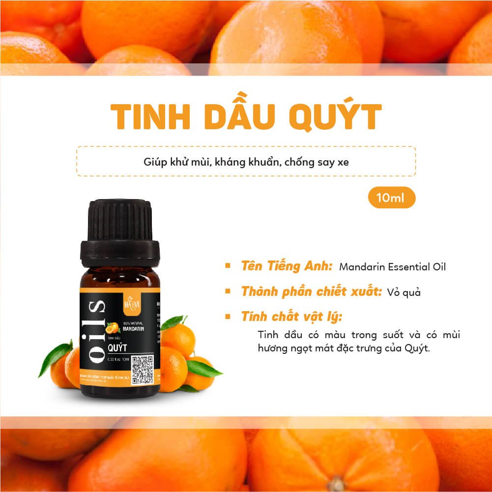 Tinh dầu xông Quýt Haeva Cao Cấp,100% Thiên Nhiên, giúp khử mùi, kháng  khuẩn, chống say xe, Chai 10ml/30m/100ml