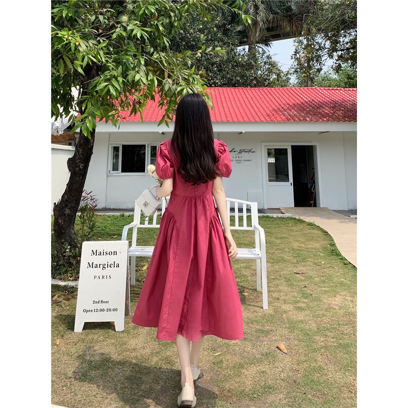 Đầm Tay Phồng Cổ Vuông Che Bụng Thời Trang Mùa Hè Pháp Cho Nữ
