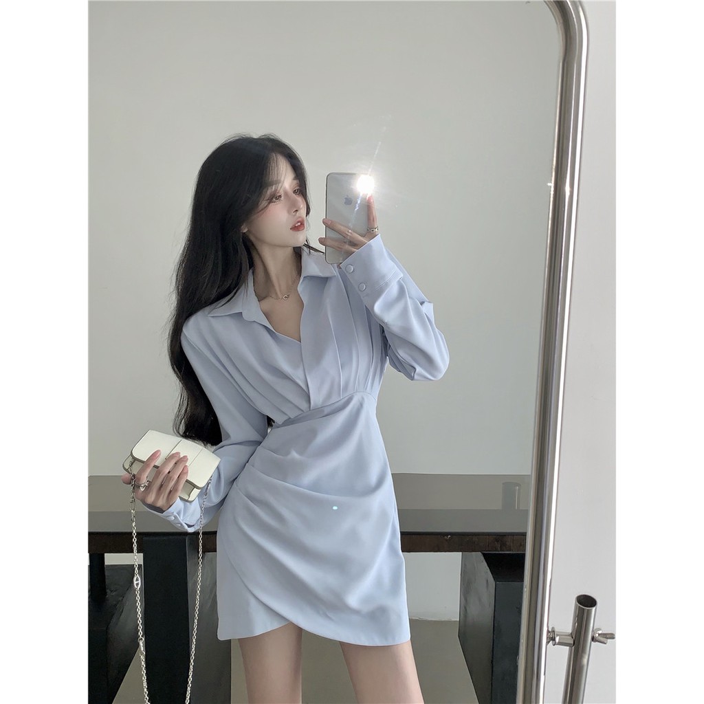 Váy sơ mi xếp ly ngực dáng công sở thanh lịch
