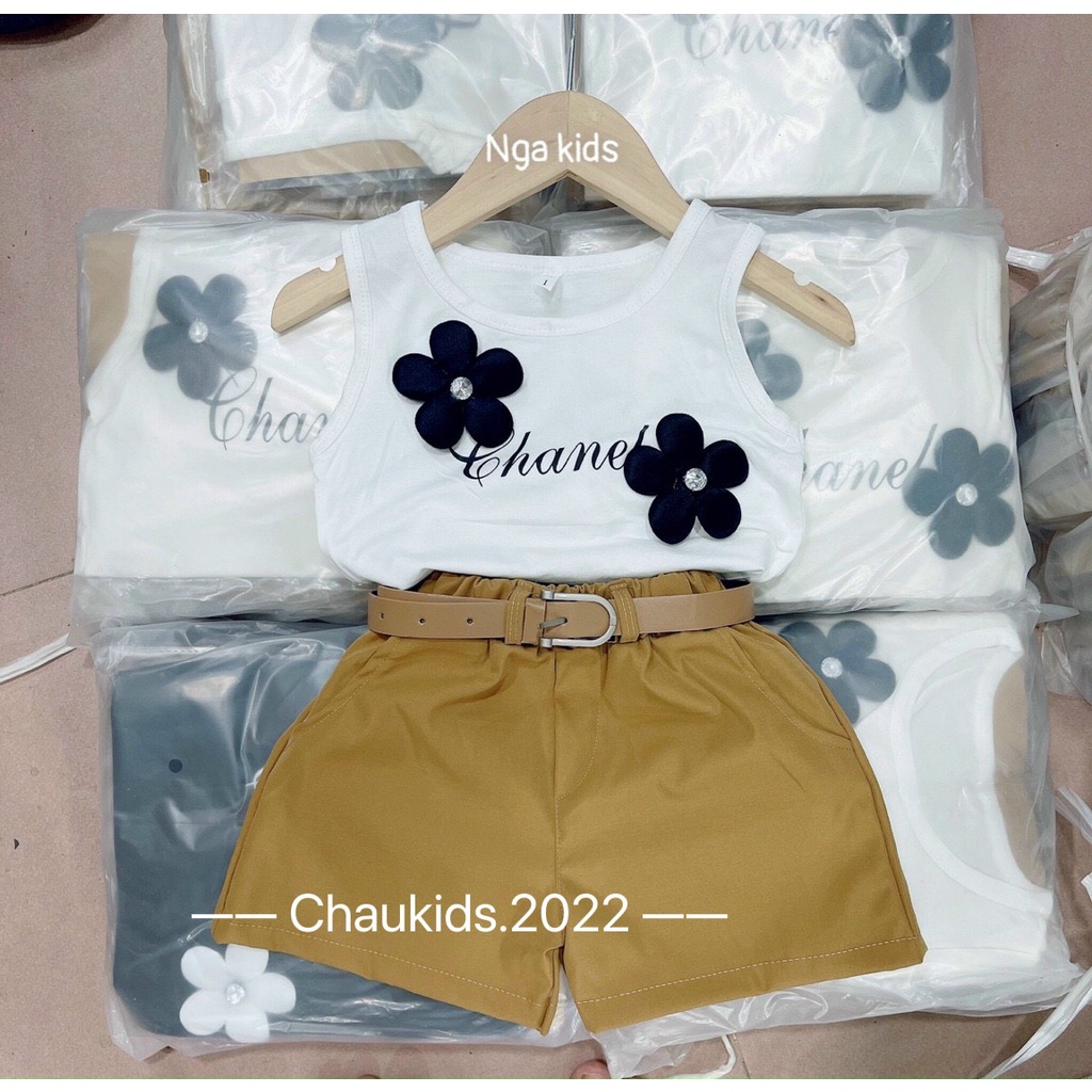 Set ba lỗ đính hoa quần nâu kèm đai bé gái