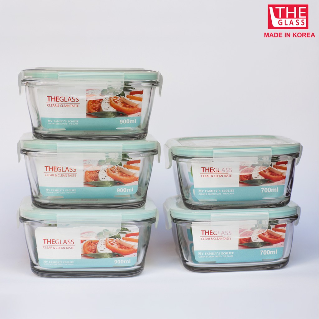 Bộ hộp đựng, bảo quản thực phẩm thủy tinh - 3 hộp vuông 700ml và 2 hộp vuông 900ml The Glass sản xuất tại Hàn Quốc