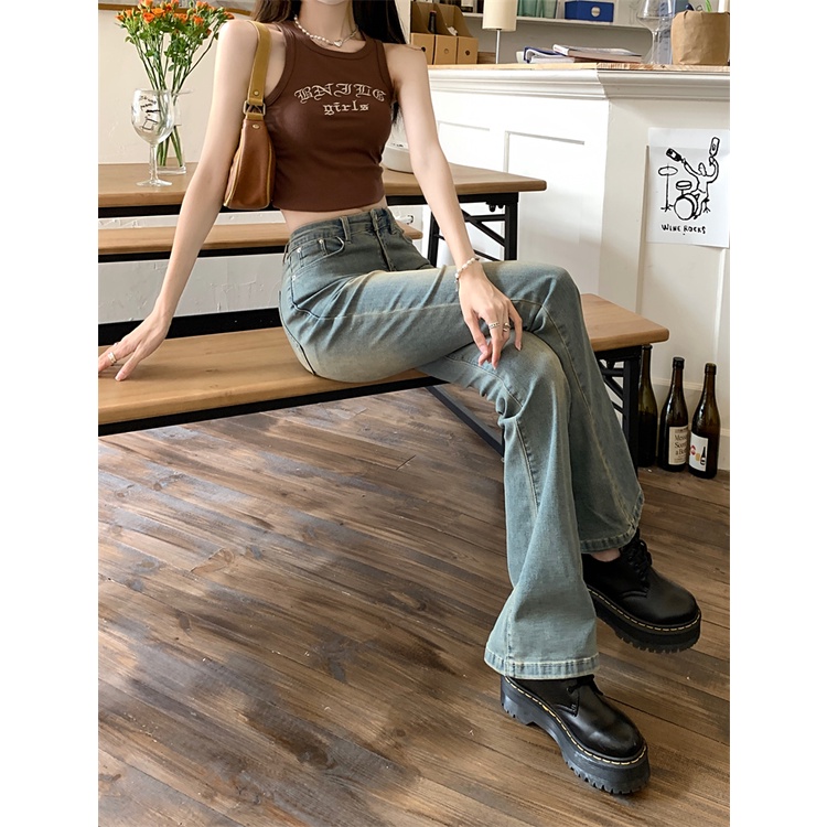 「MOTEL7」Hot Quần Jeans Ống Loe Micro Ôm Dáng Ống Loe Lưng Cao Co Giãn Phong Cách Retro Cho Nữ