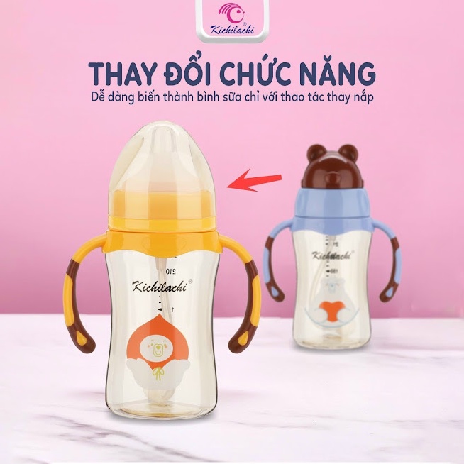 Bình Sữa Cho Bé + Đầu Tập Uống Nước, Nhựa Trita Cao Cấp KICHI Dung Tích 240ml, Nắp Bật Hình Gấu