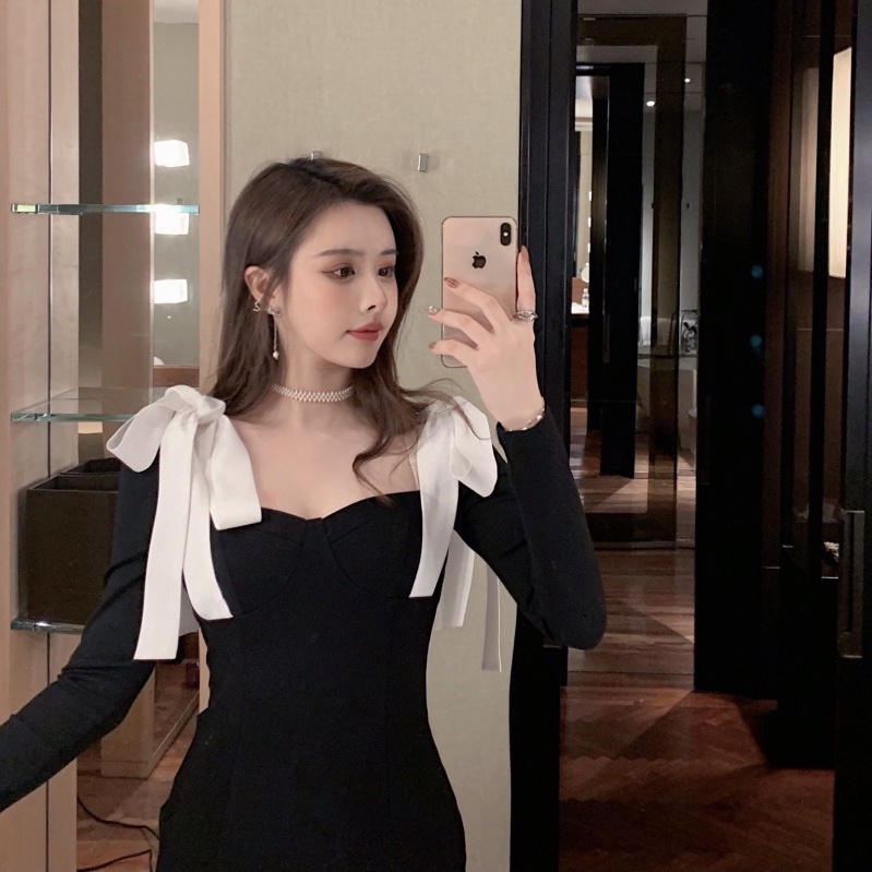 Đầm COZOK tay dài dáng ôm xẻ tà kiểu cổ điển thời trang
