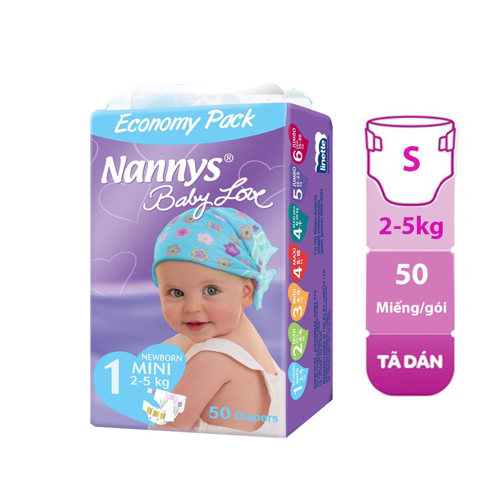 Tã/Bỉm dán Nannys Mini S - 50 miếng (Cho bé 2-5kg)