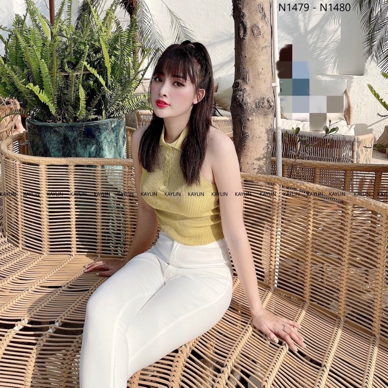 Áo crotop len mongtoghi kiểu yếm cổ bẻ hàng khuy
