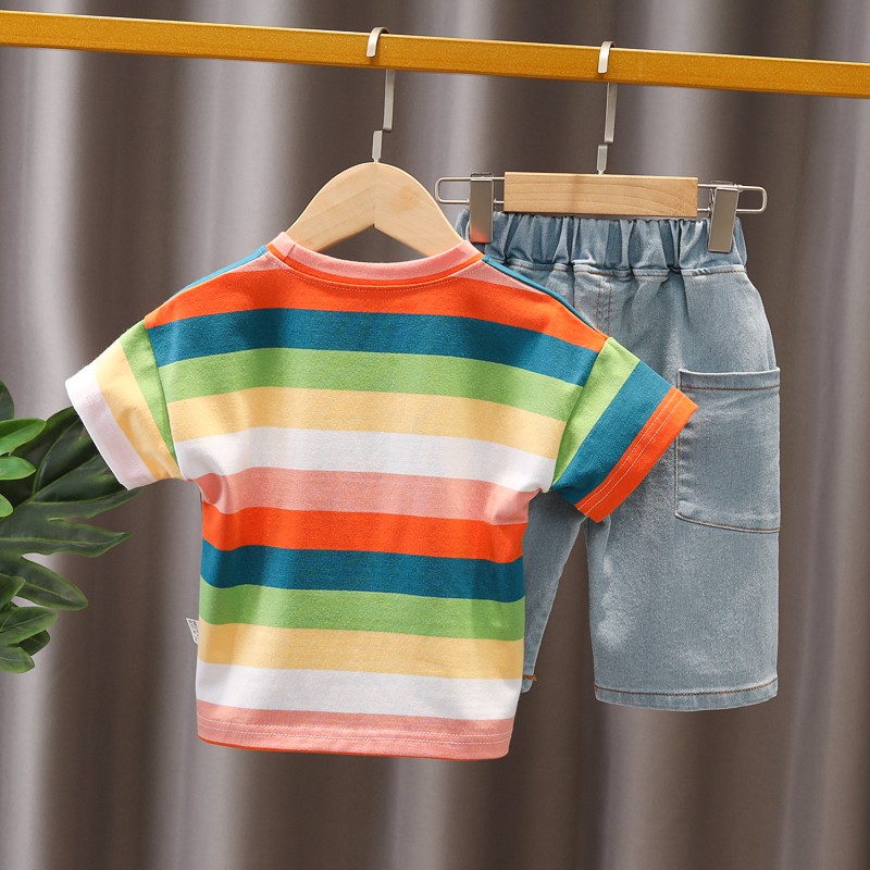 Màu Sắc Set Áo Thun Tay Ngắn Cổ Tròn Họa Tiết Kẻ Sọc Phối Quần Short Denim Thời Trang Trẻ Trung