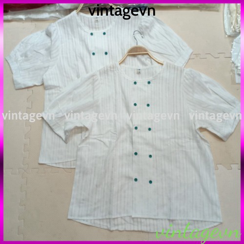{vintagevn} áo sơ mi nữ ngắn tay cổ tròn 2 đường cúc kèm video+ảnh thật freeship A008