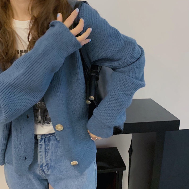 Áo khoác Cardigan dệt kim tay dài cổ chữ V dáng rộng mềm mại phong cách Hàn Quốc thời trang thu đông cho nữ