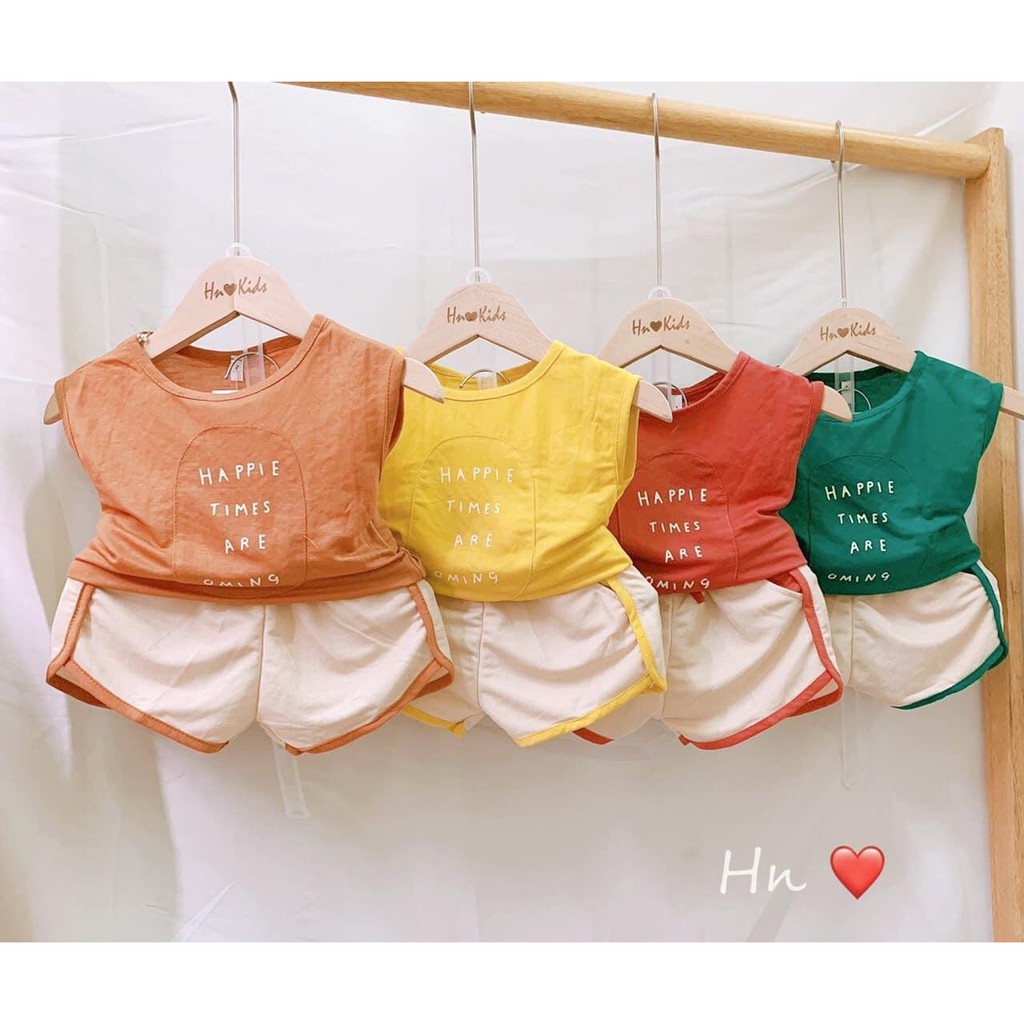 Bộ quần áo bé trai bé gái happy chất thun cotton đũi mát mẻ hút mồ hôi cho bé từ 5kg đến 16kg( màu vàng, xanh, nâu, cam)