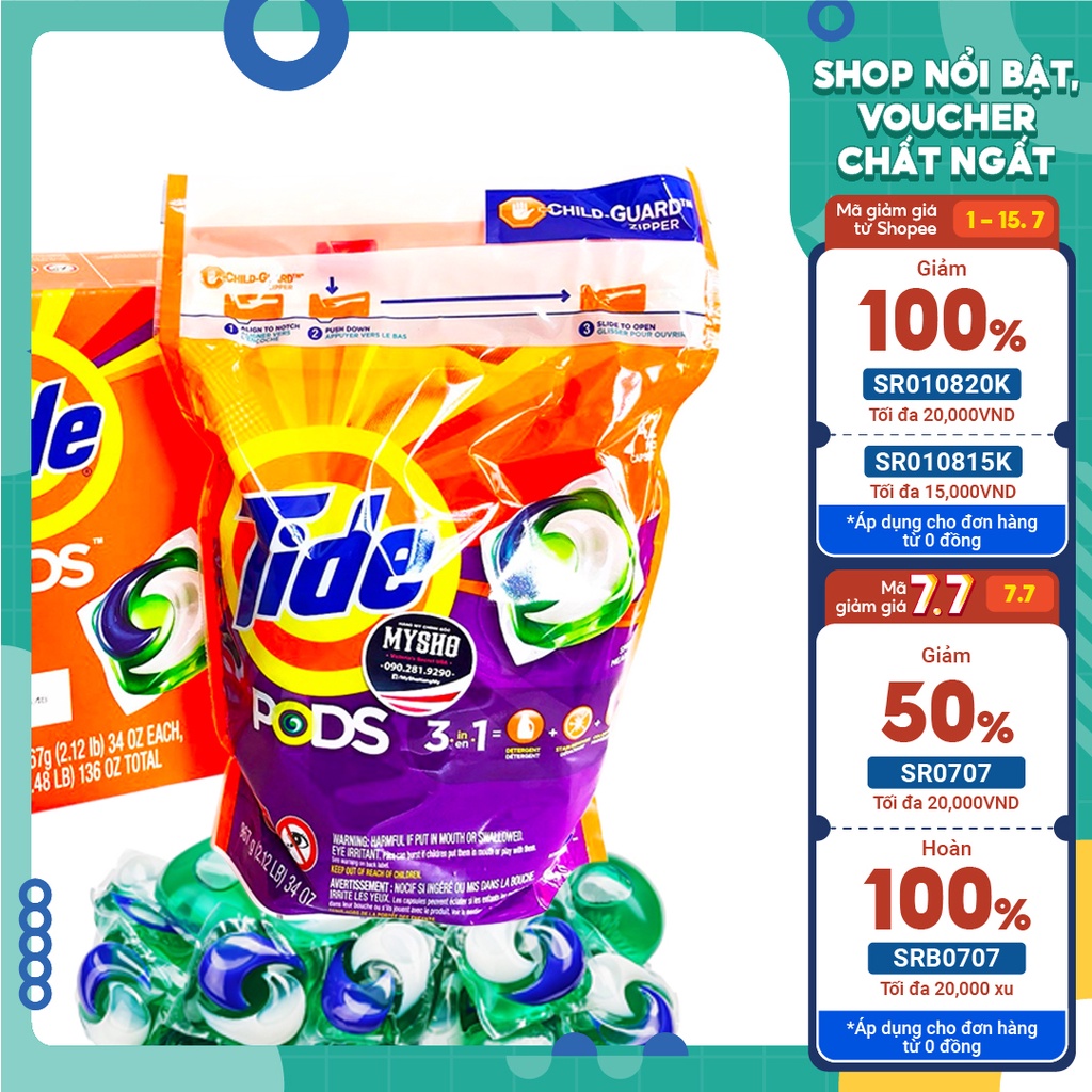 Viên giặt xả Tide pods 3in1. Sự kết hợp nước giặt, chất làm sáng, kết hợp nước xả vải thơm ngát.
