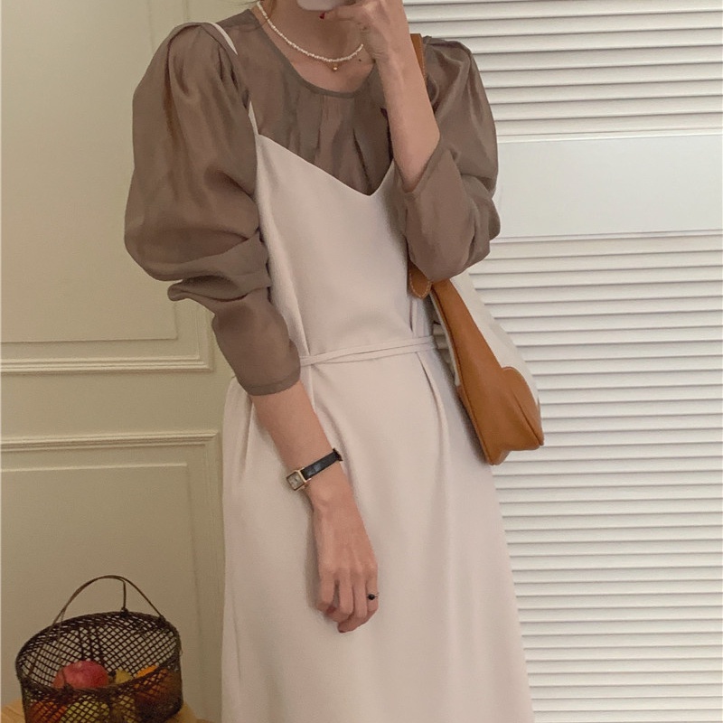 SUXI Bộ Áo Dài Tay + Đầm Hai Dây Màu Sắc Đơn Giản Phong Cách Hàn Quốc