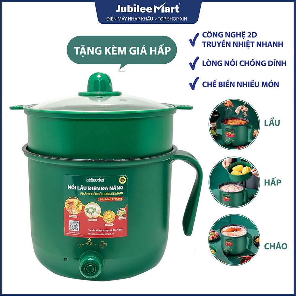 Nồi lẩu điện đa năng 2 tầng có lồng hấp và nắp kính cao cấp, Ca điện mini nấu mì siêu tốc 18cm Thế Hệ Mới