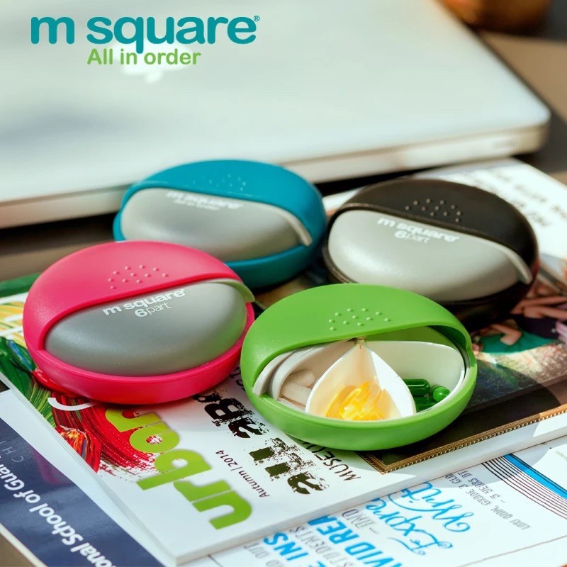 (HÌNH THẬT) Hộp tròn cầm tay chia 6 ngăn size lớn thương hiệu Msquare, dùng làm hộp đựng thuốc, singum, đựng trang sức.