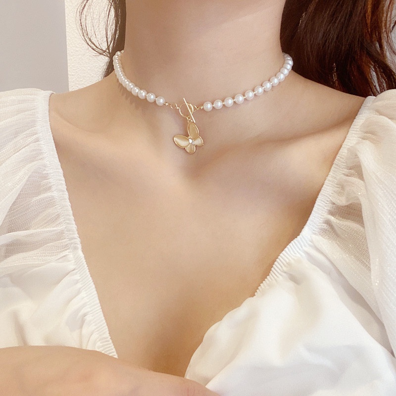 Vòng cổ Ngọc Trai Mặt Hình Bướm Phong Cách Pháp Thời Trang