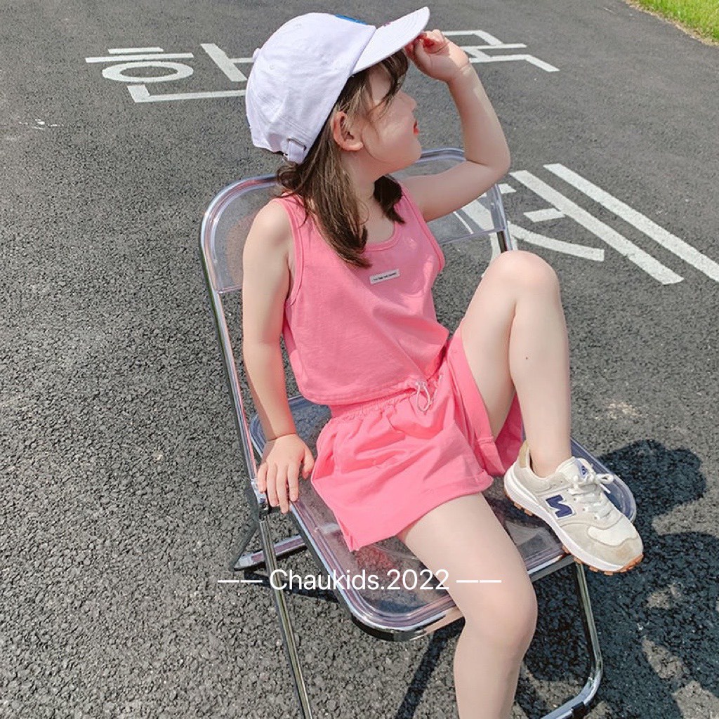 Bộ ba lỗ bé gái, áo croptop Essent sát nách kèm quần đùi chất cotton tàu mát mẻ cho bé