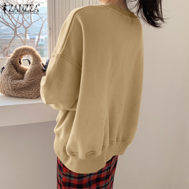 Áo sweatshirt ZANZEA cổ tròn dáng rộng tay dài màu trơn thời trang đường phố cho nữ