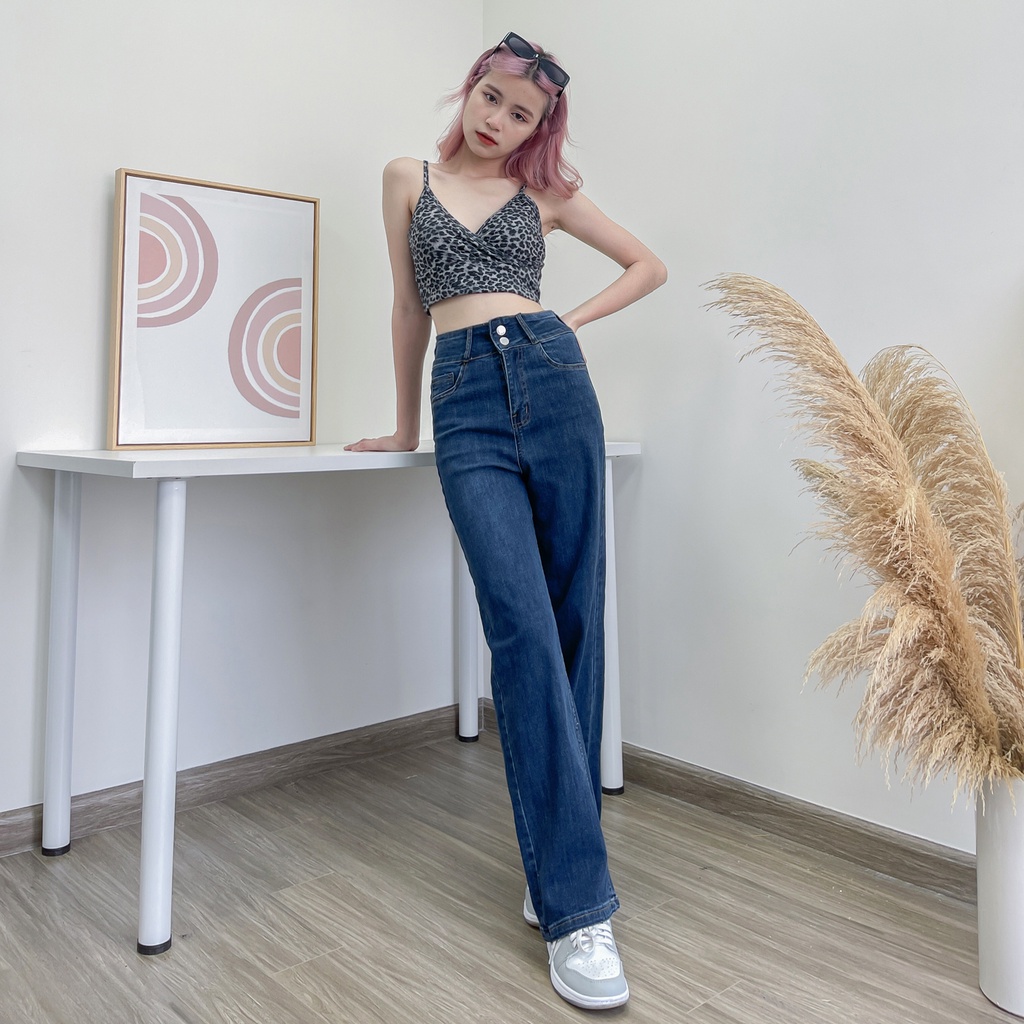 Quần jean ống rộng nữ lưng cao ulzzang Spandex Cotton, quần bò ống rộng nữ cạp cao 2 cúc 24BSC01 - JEANBOO