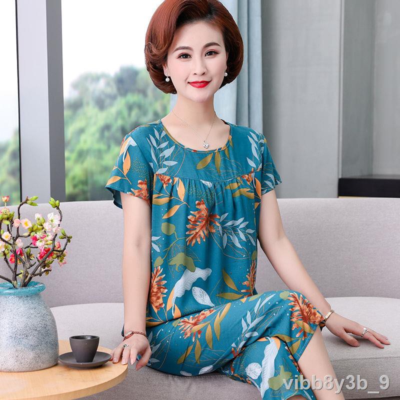 pyjamas nữ đồ ngủ cotton lụa phù hợp với người trung niên ngắn tay phục vụ tại nhà size lớn già có thể mặc bên ng