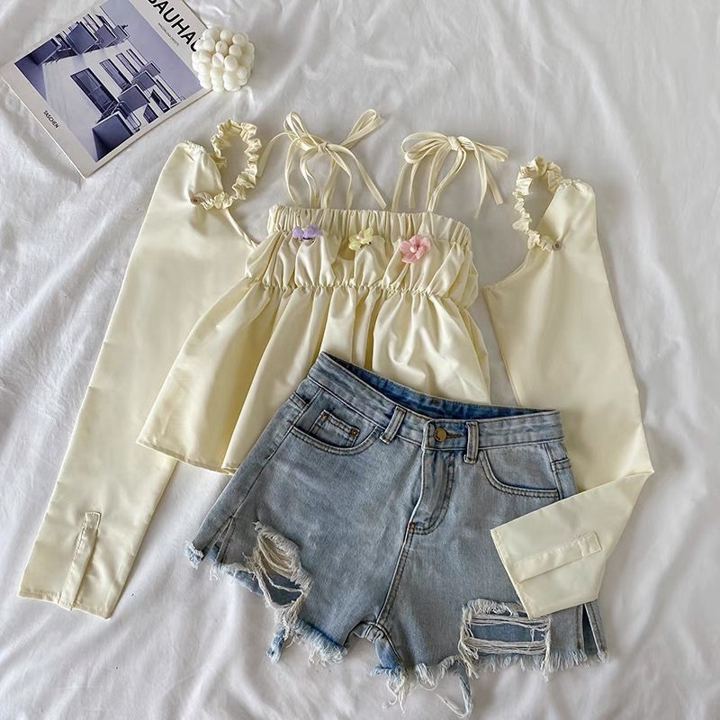 Set Áo Dây Babydoll Thắt Dây Nơ Kèm Ống Tay Dài Vàng Mơ Đáng Yêu