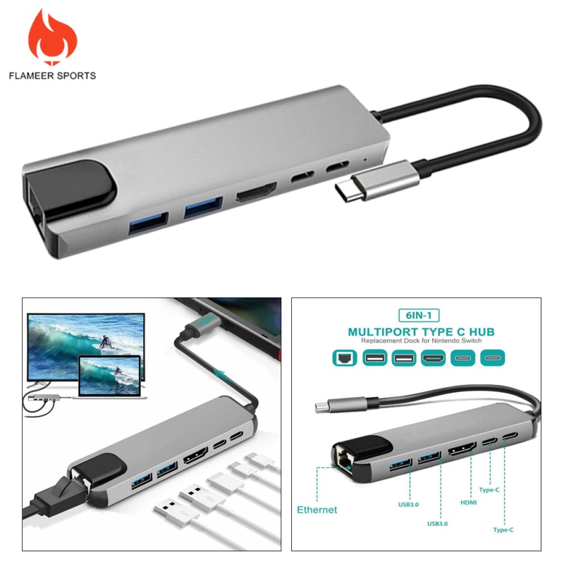 Flameer Sports  6 in 1 USB C Hub USB Type C 3.1 Adapter Dock w/ 4K HDMI PD Charge  2x USB3.0