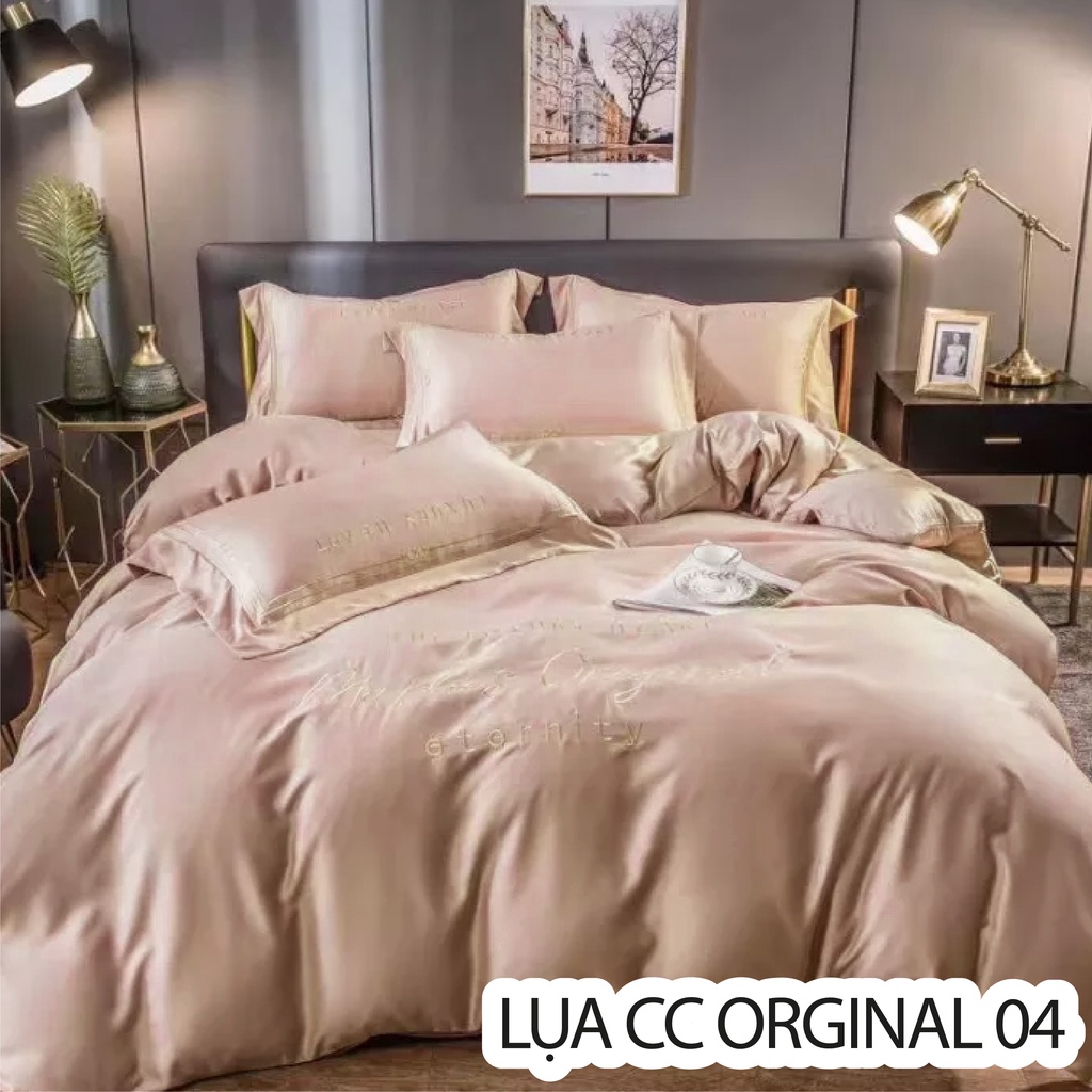 Trọn Bộ Chăn Ga Vỏ Gối Lụa Cotton Cao Cấp Thêu Chữ ORGINAL - Họa Tiết thêu nổi - Màu Sắc Sang Trọng