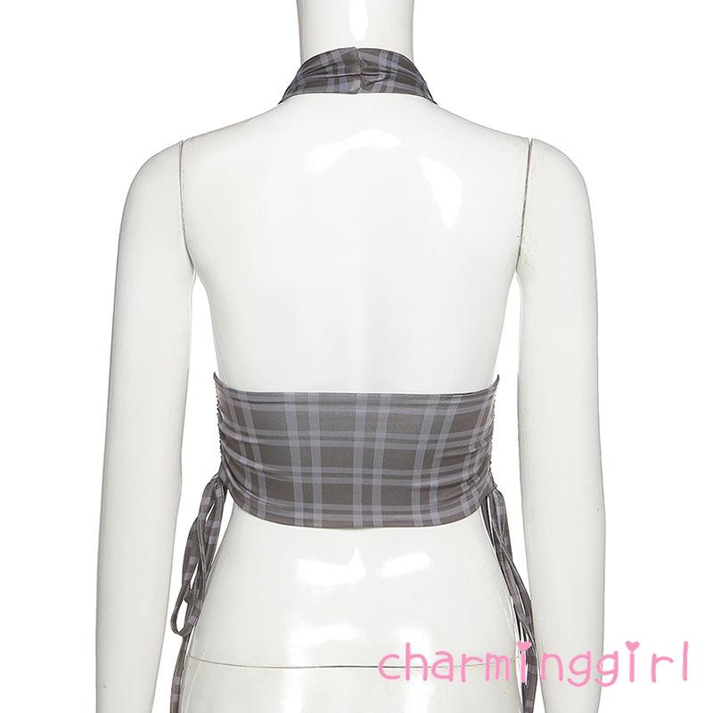 Áo Croptop Hai Dây Hở Lưng Họa Tiết Sọc Caro Phối Dây Rút Thời Trang Quyến Rũ Cho Nữ