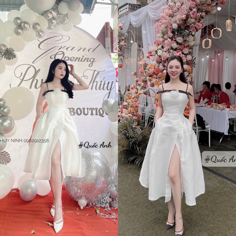 Đầm tacta 2s hoa ngực dáng xoè xẻ tà vạt trước siêu xinh (kèm ảnh thật )